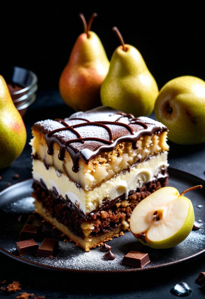 20711-2413204481-pear cake, ice cream, chocolate, intricate detail , dark background , HD, 8k, Photography,.jpg